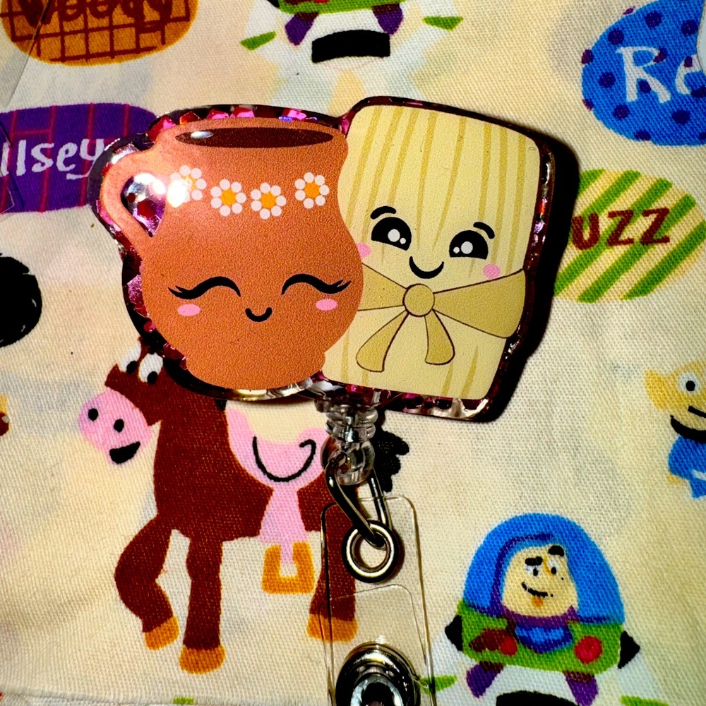 Tamal and coffee badge reel